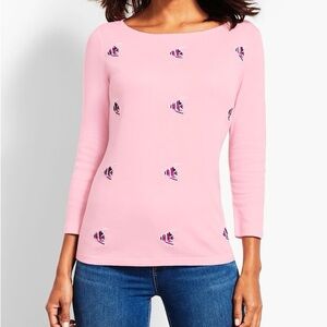 TALBOTS Pink Patterned Women's Long Sleeved Top w/ Pristine Fish Beading NWOT